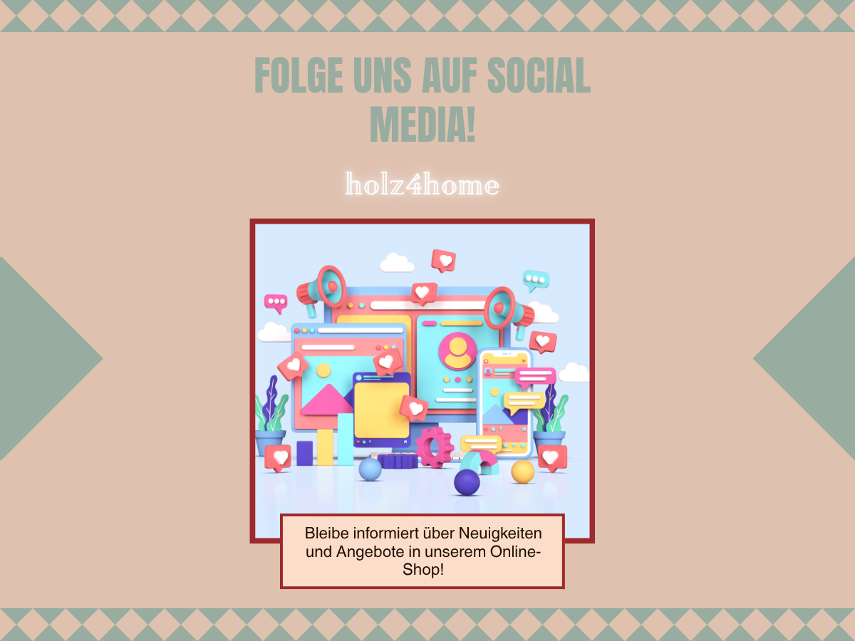 Bunte Social-Media-Grafik mit dem Aufruf, holz4home auf Social Media zu folgen