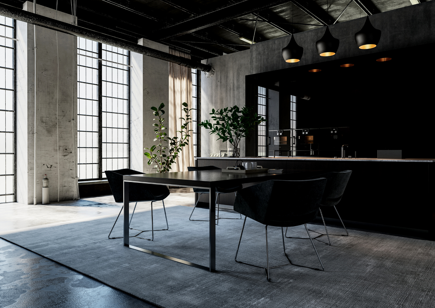 Dunkles Esszimmer im Industrial Style mit schwarzem Tisch, Stühlen und großen Fabrikfenstern