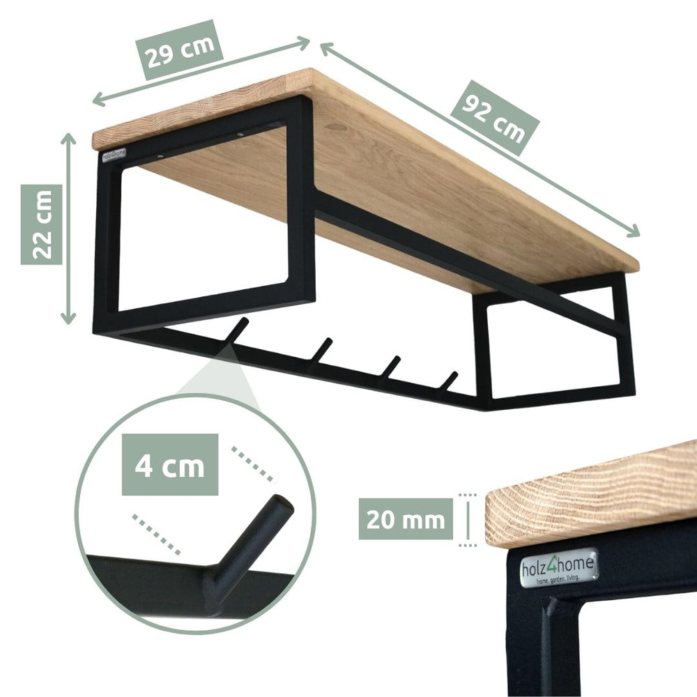Wandgarderobe mit Ablage aus Eiche und Metall - ohne Baumkante