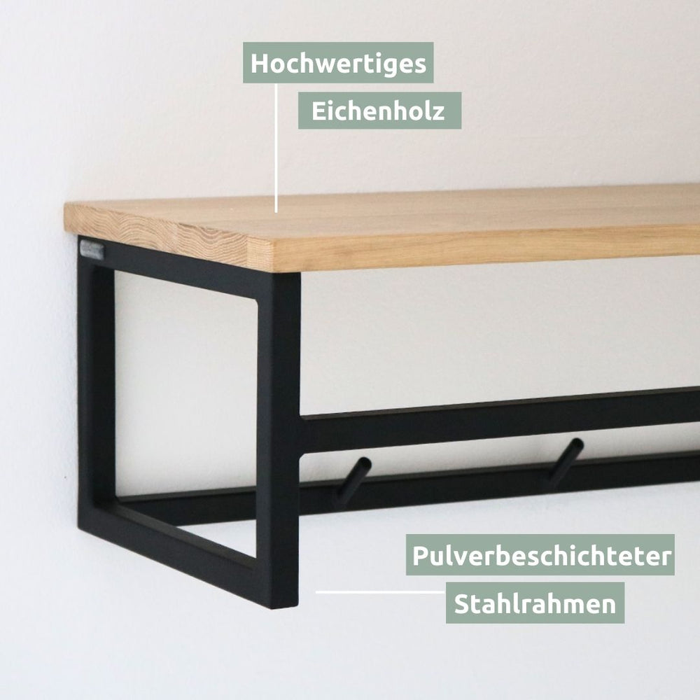 Wandgarderobe mit Ablage aus Eiche und Metall - ohne Baumkante