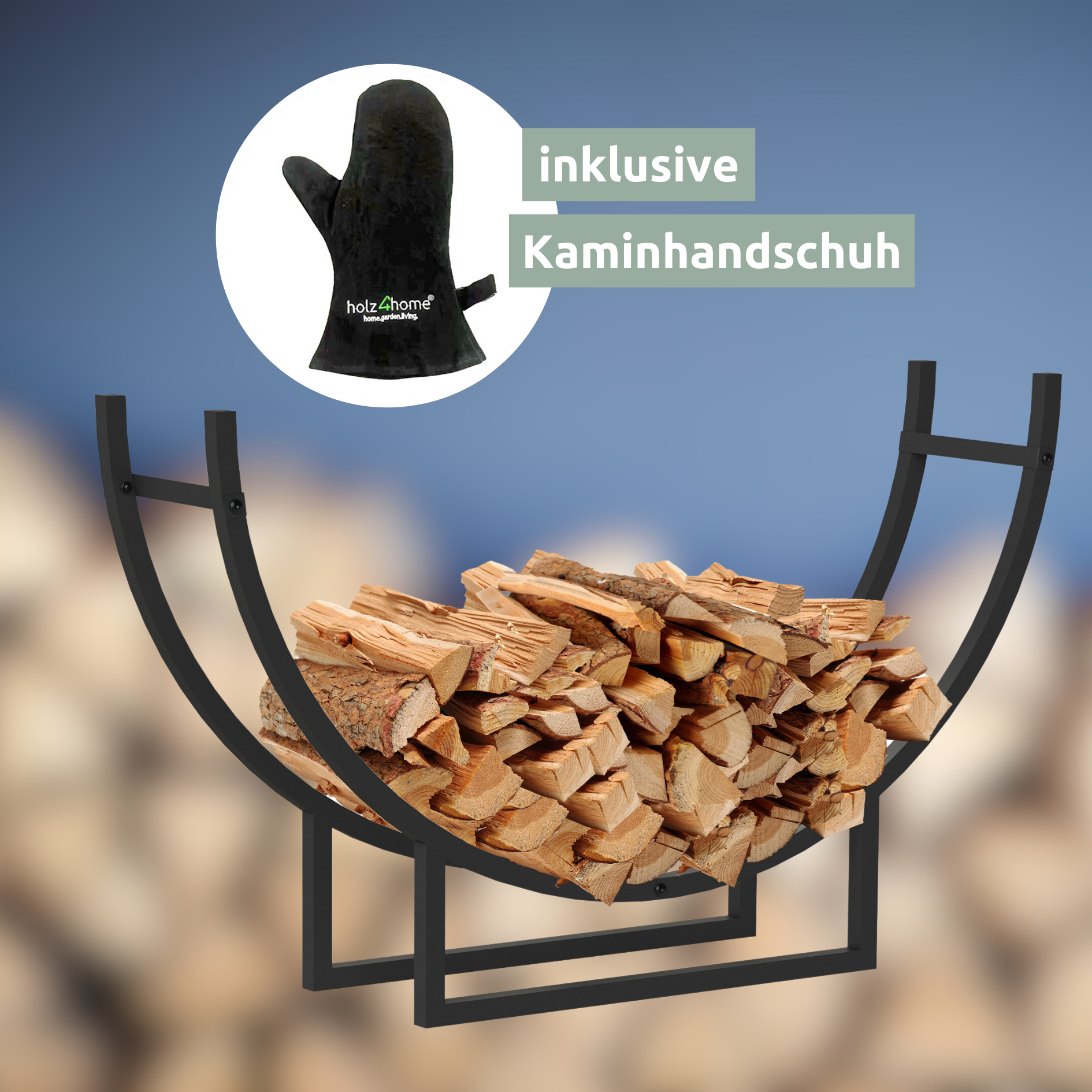 Kaminholzregal Halbrund aus Metall 55x92x21 cm Schwarz inkl. Ofenhandschuh