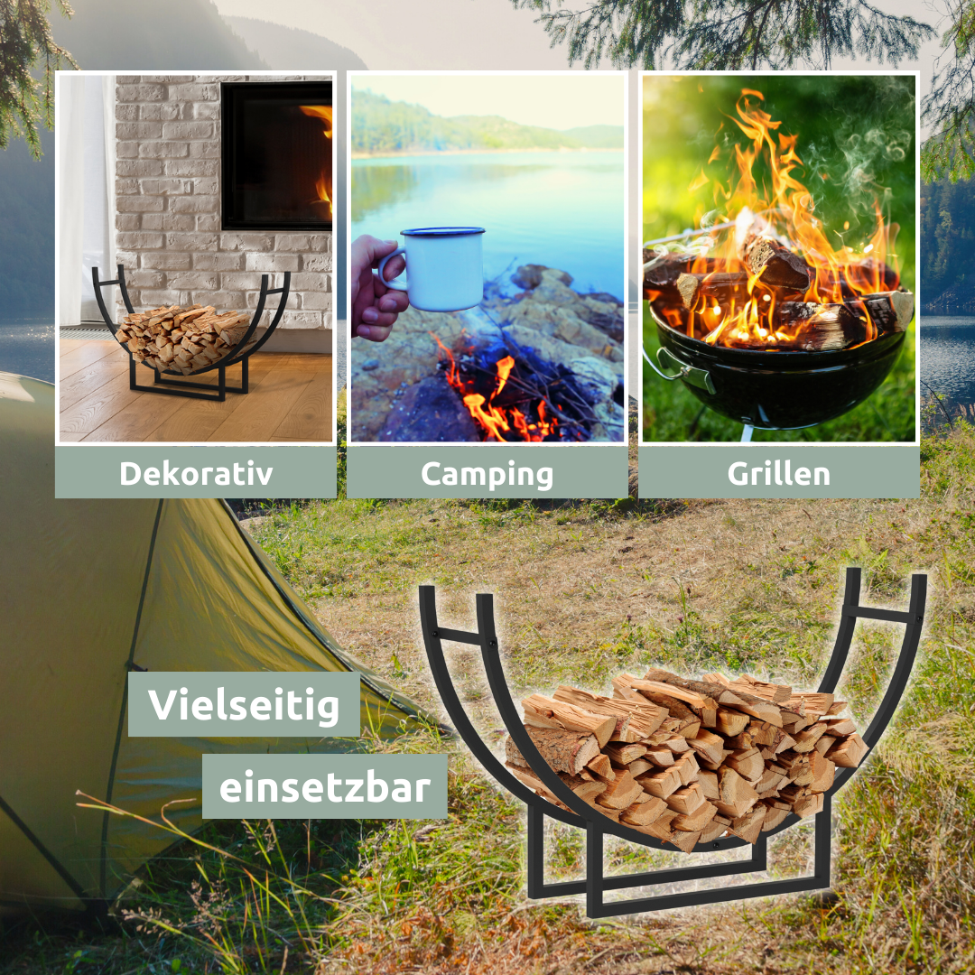 Kaminholzregal Halbrund aus Metall 55x92x21 cm Schwarz inkl. Ofenhandschuh