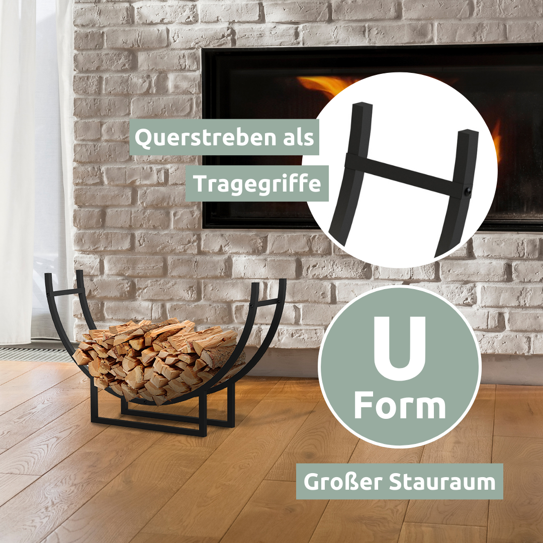 Kaminholzregal Halbrund aus Metall 55x92x21 cm Schwarz inkl. Ofenhandschuh