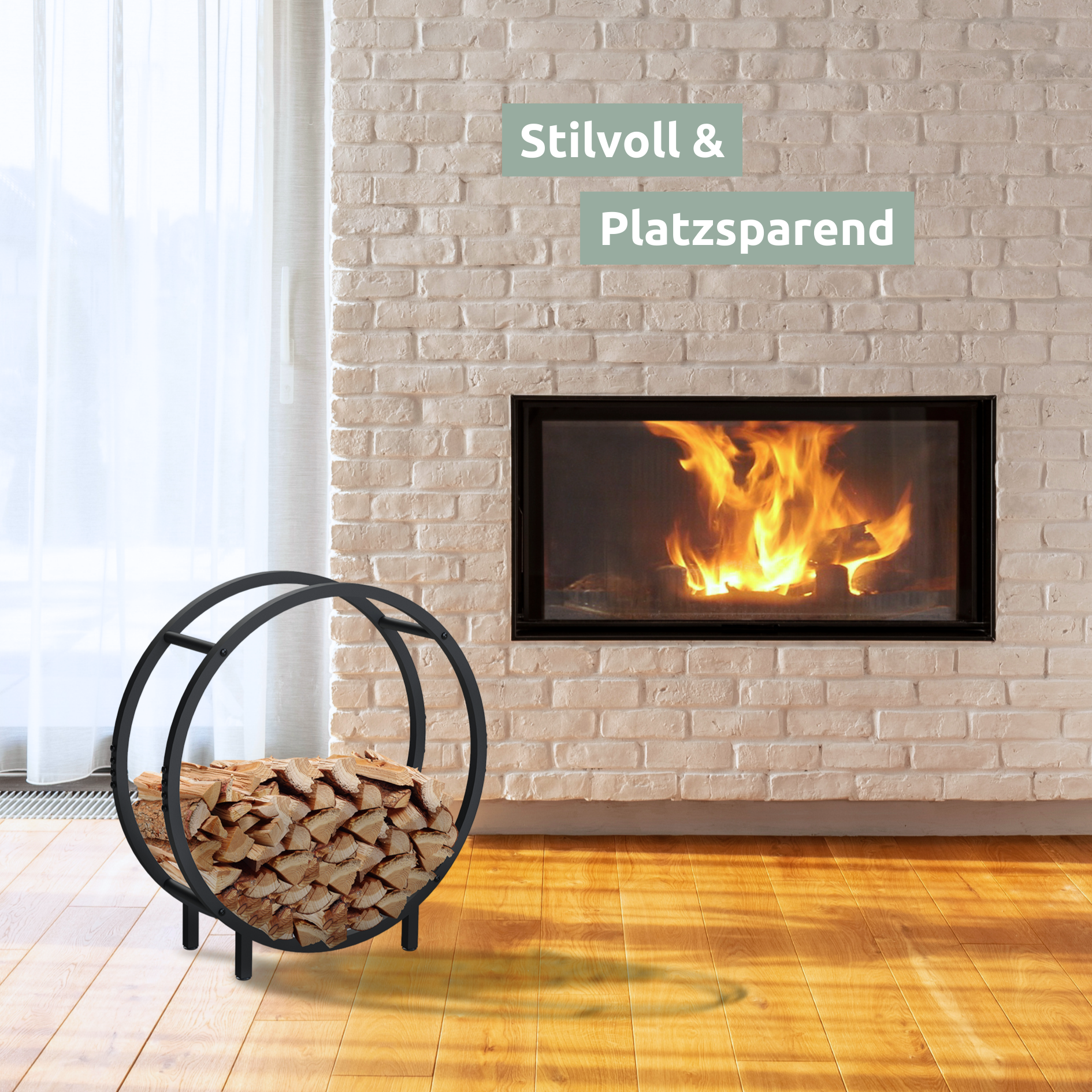 Kaminholzregal 62x60x20cm aus Metall Schwarz inkl. Ofenhandschuh