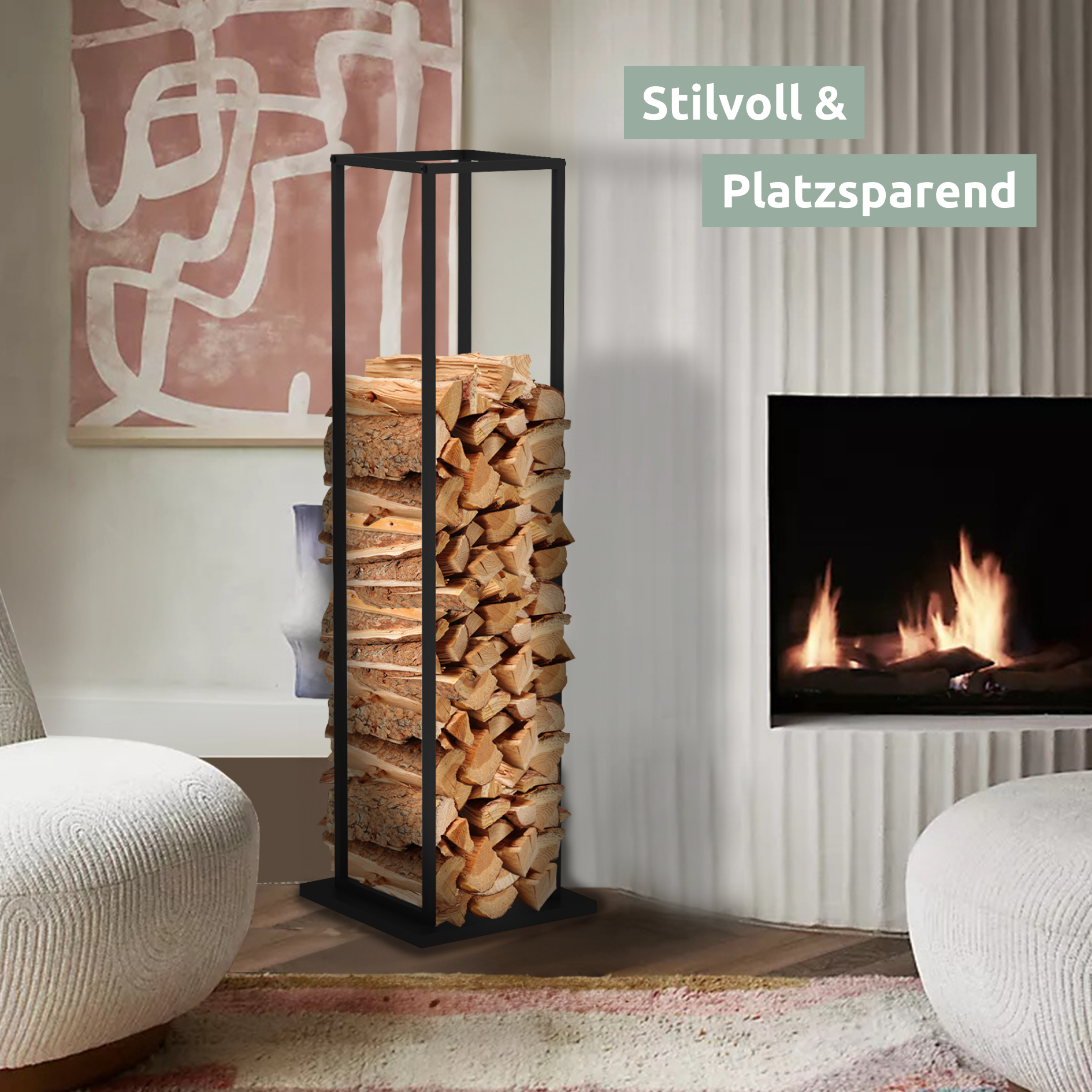 Kaminholzregal 33x33x115cm aus Metall Schwarz inkl. Ofenhandschuh