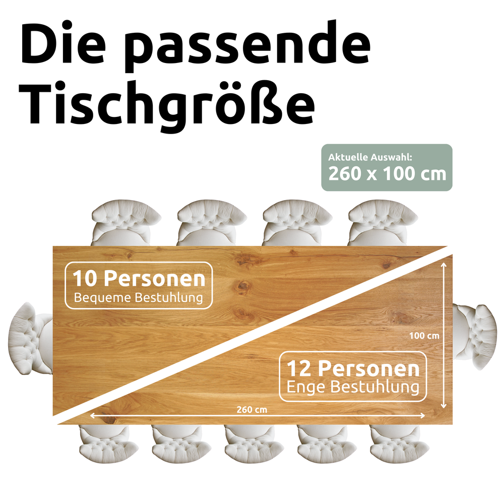 Tischplatte 260cm x 100cm mit Baumkante aus massiver Eiche