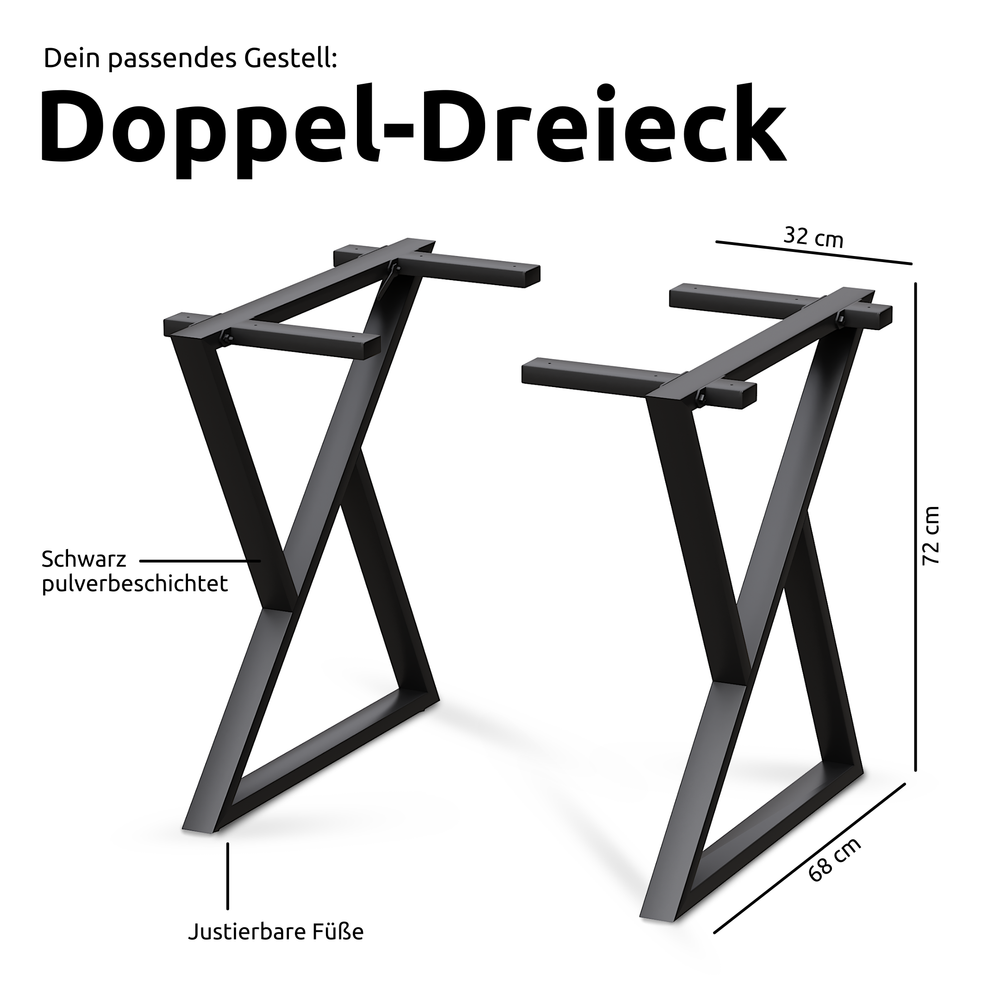 Kleiner Massivholztisch ohne Baumkante 160cm x 80cm Doppel-Dreieck Gestell