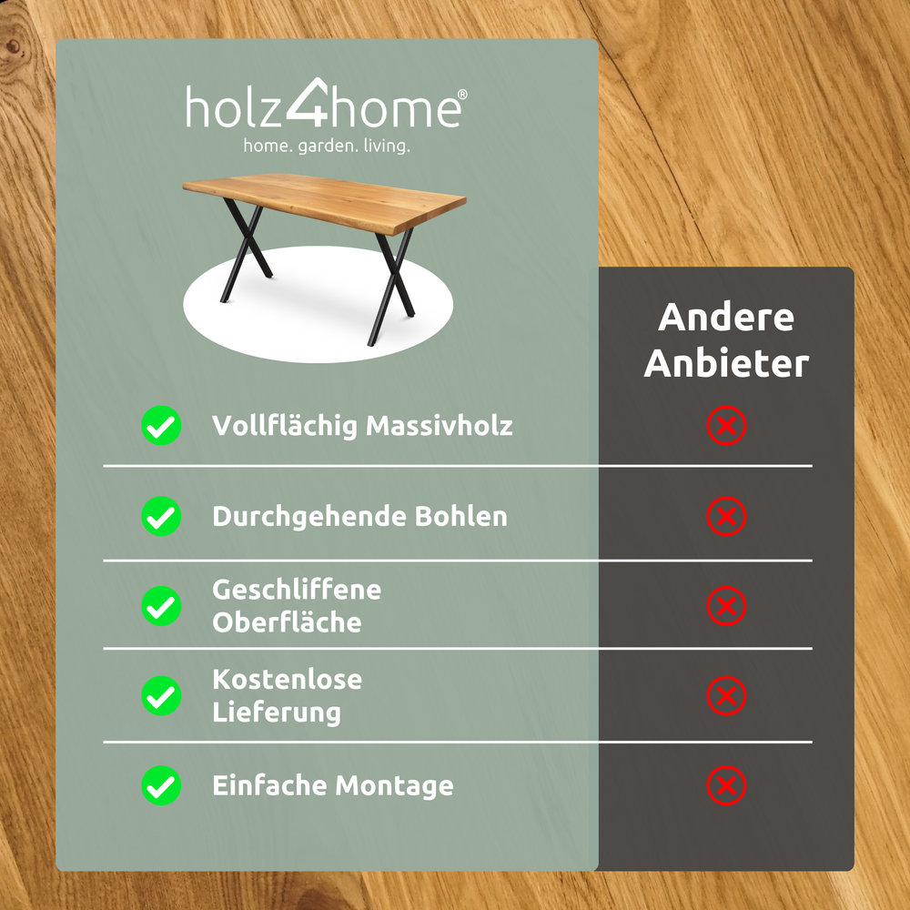 Kleiner Massivholztisch mit Baumkante 160cm x 80cm X-Struktur Gestell