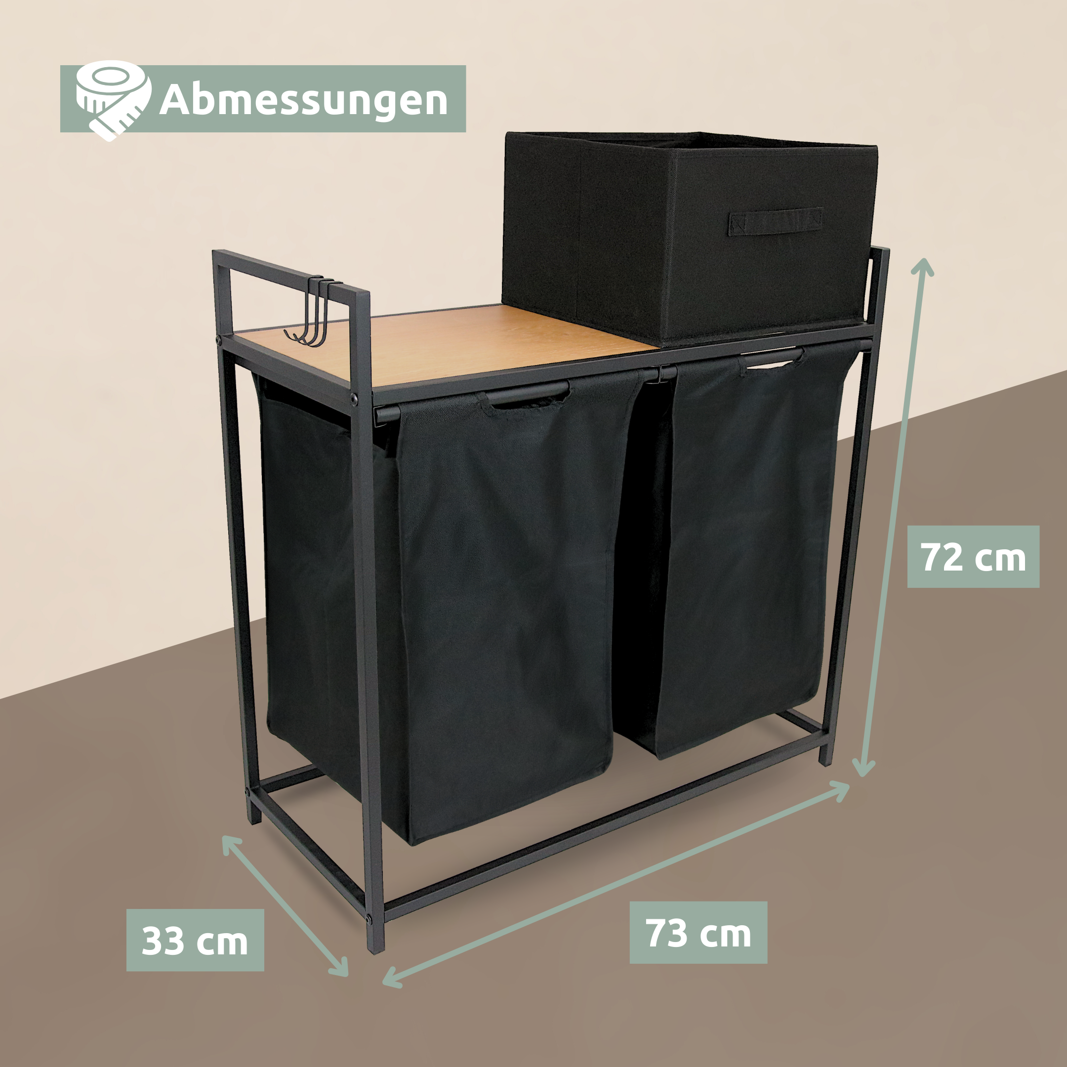 Wäschekorb 2 Fächer 92 Liter ausziehbar mit Aufbewahrungsbox