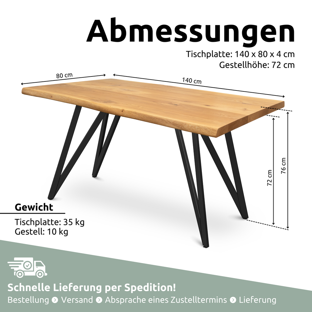 Kleiner Massivholztisch mit Baumkante 140cm x 80cm Dreieck Gestell