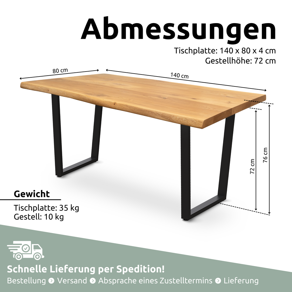 Kleiner Massivholztisch mit Baumkante 140cm x 80cm Trapez Gestell
