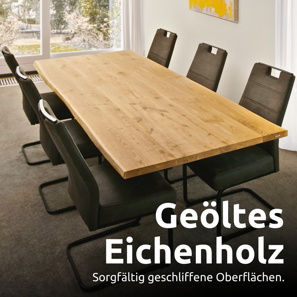 Kleiner Massivholztisch mit Baumkante 140cm x 80cm Trapez Gestell