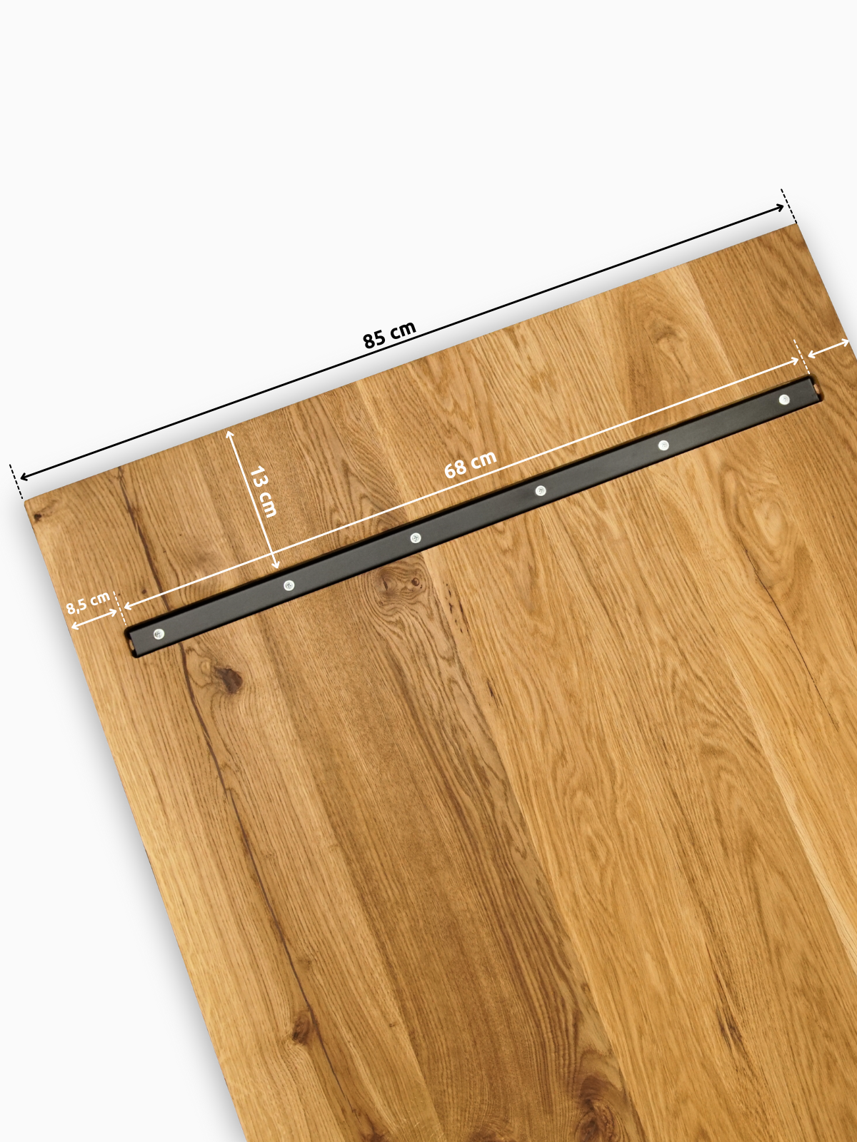 Unterseite einer Eiche-Tischplatte mit schwarzer Gratleiste, Plattenbreite 85 cm, Gratleiste 68 cm lang
