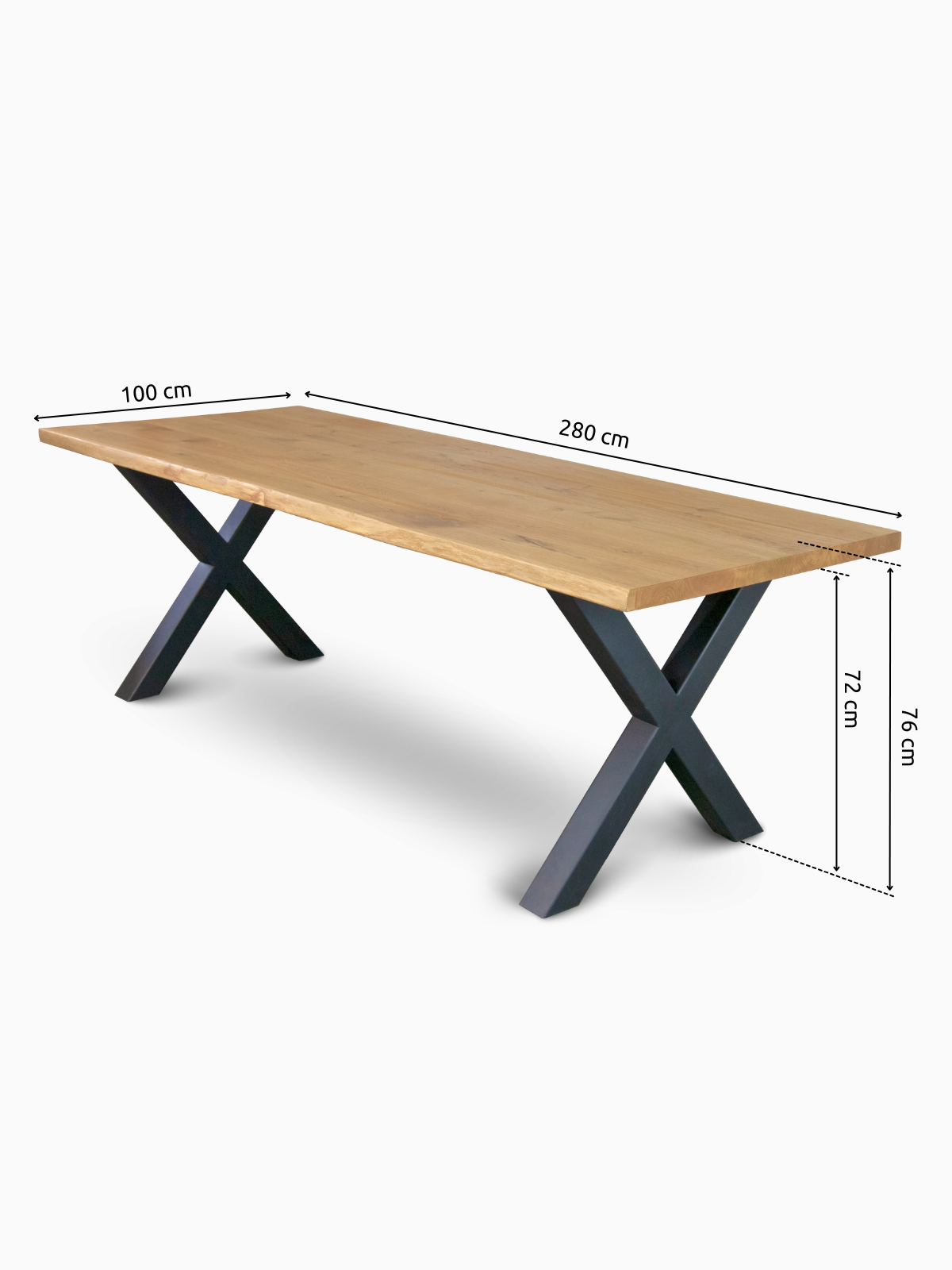 Maßzeichnung Eichentisch mit Baumkante 280 x 100 cm, Gestellhöhe 72 cm, zwei schwarze X-Gestelle (Hora X)