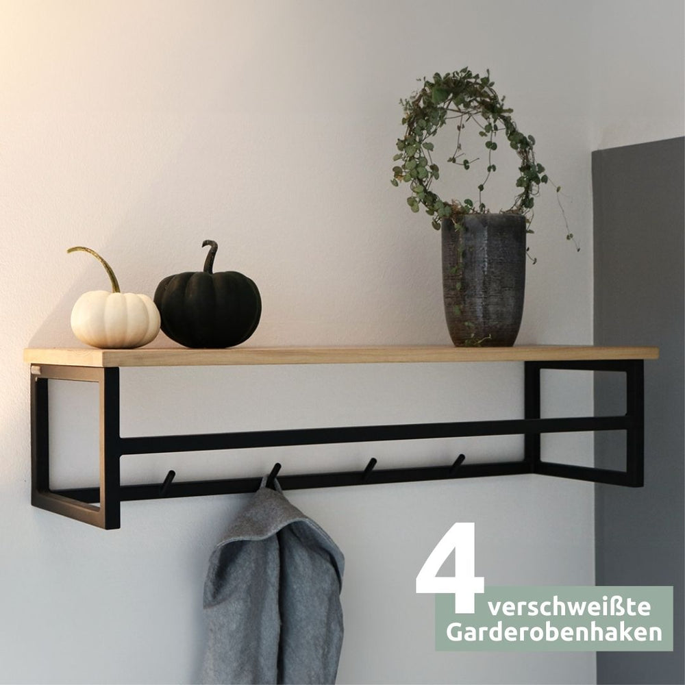 Wandgarderobe mit Ablage aus Eiche und Metall - ohne Baumkante