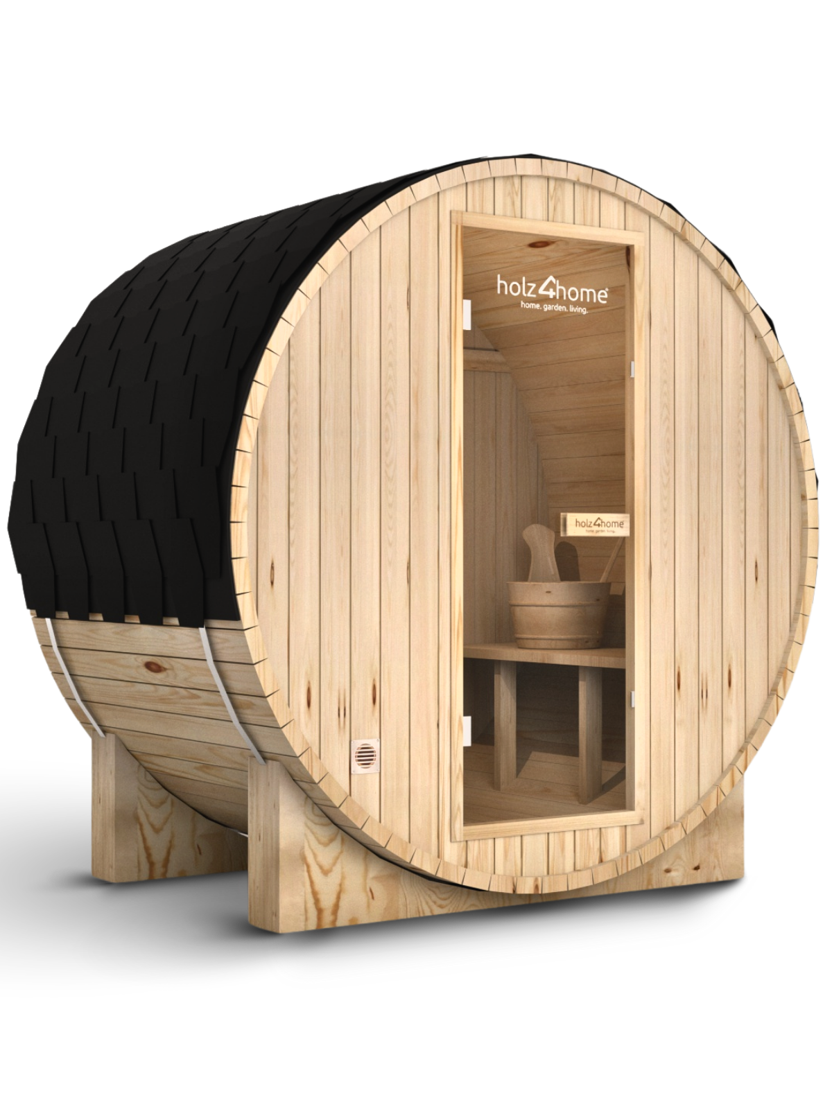 Fasssauna Pini Wood aus Holz mit schwarzem Schindeldach und Glastür, Schrägansicht