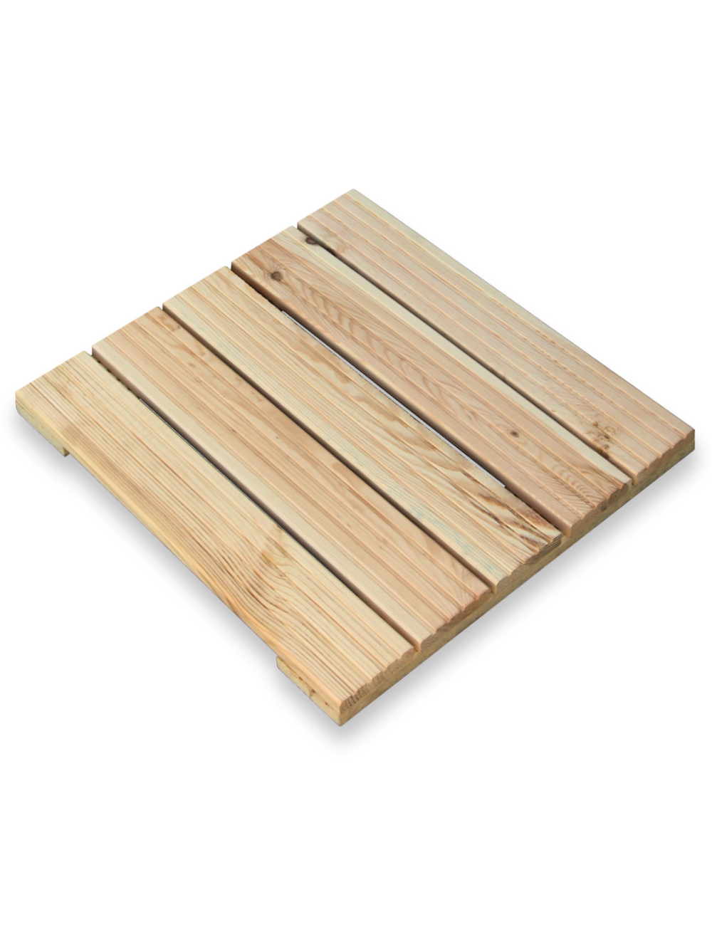 Terrassenfliese aus Kiefernholz mit geriffelter Oberfläche, freigestellt in der Schrägansicht
