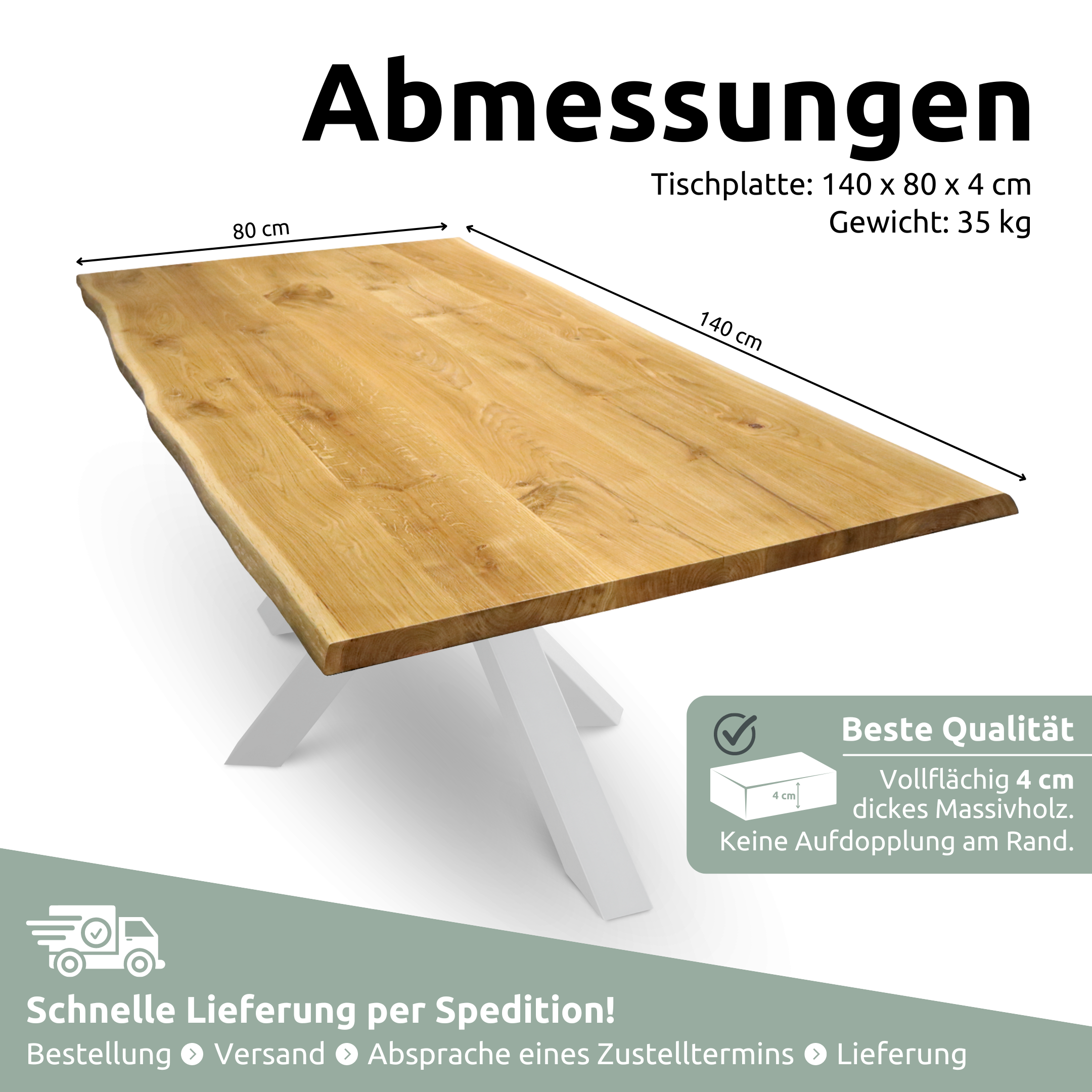 Tischplatte 140cm x 80cm mit Baumkante aus massiver Eiche