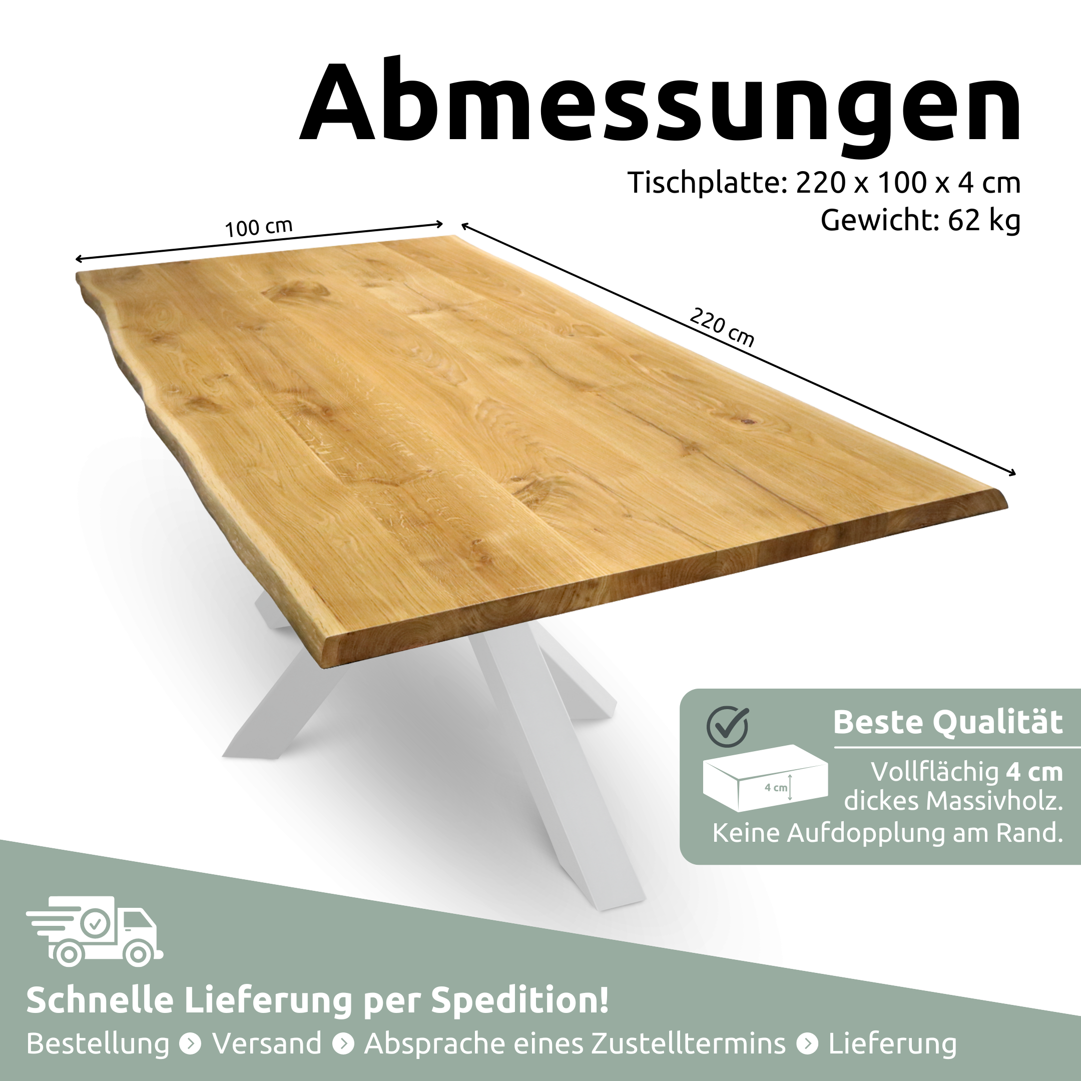 Tischplatte 220cm x 100cm mit Baumkante aus massiver Eiche