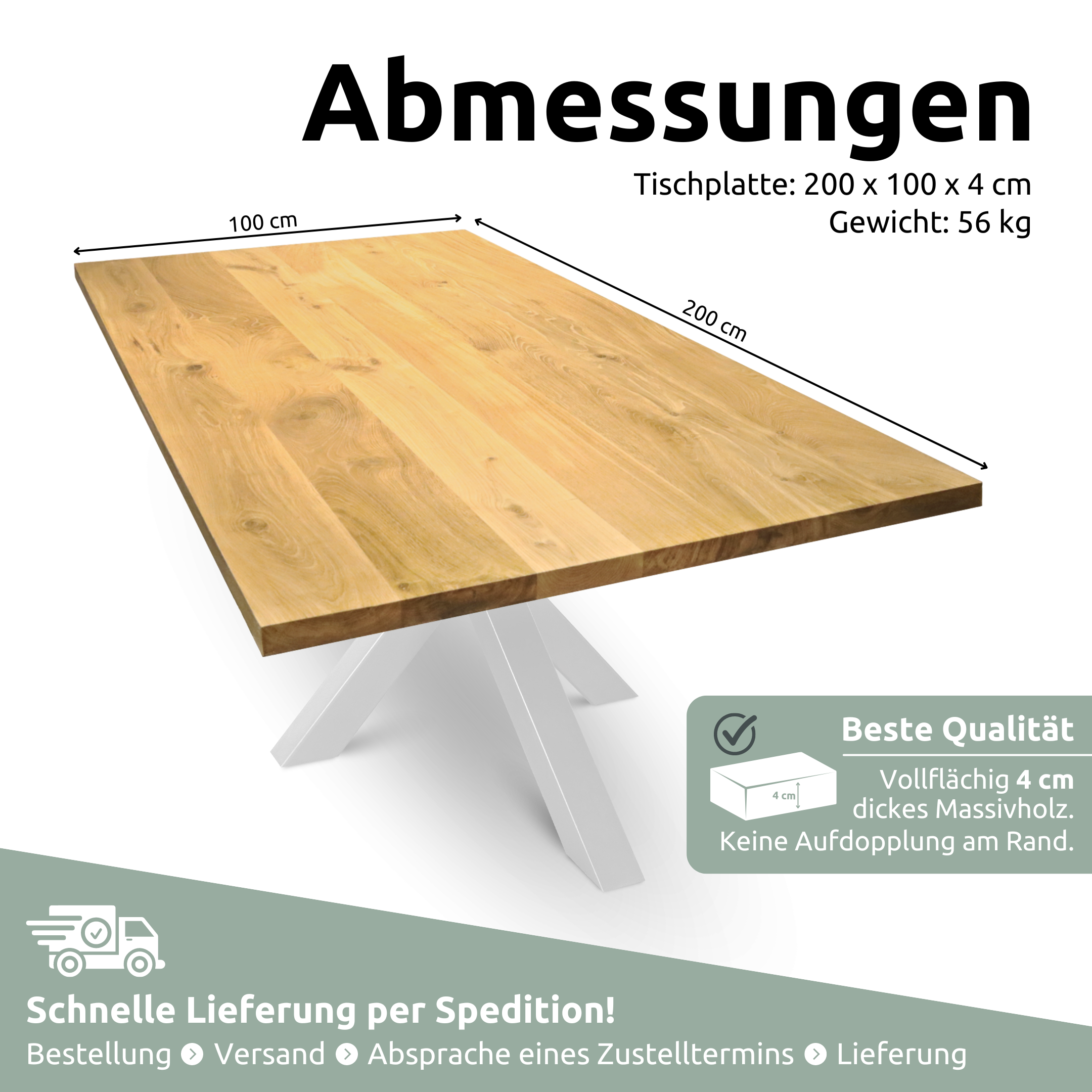 Tischplatte 200cm x 100cm ohne Baumkante aus massiver Eiche