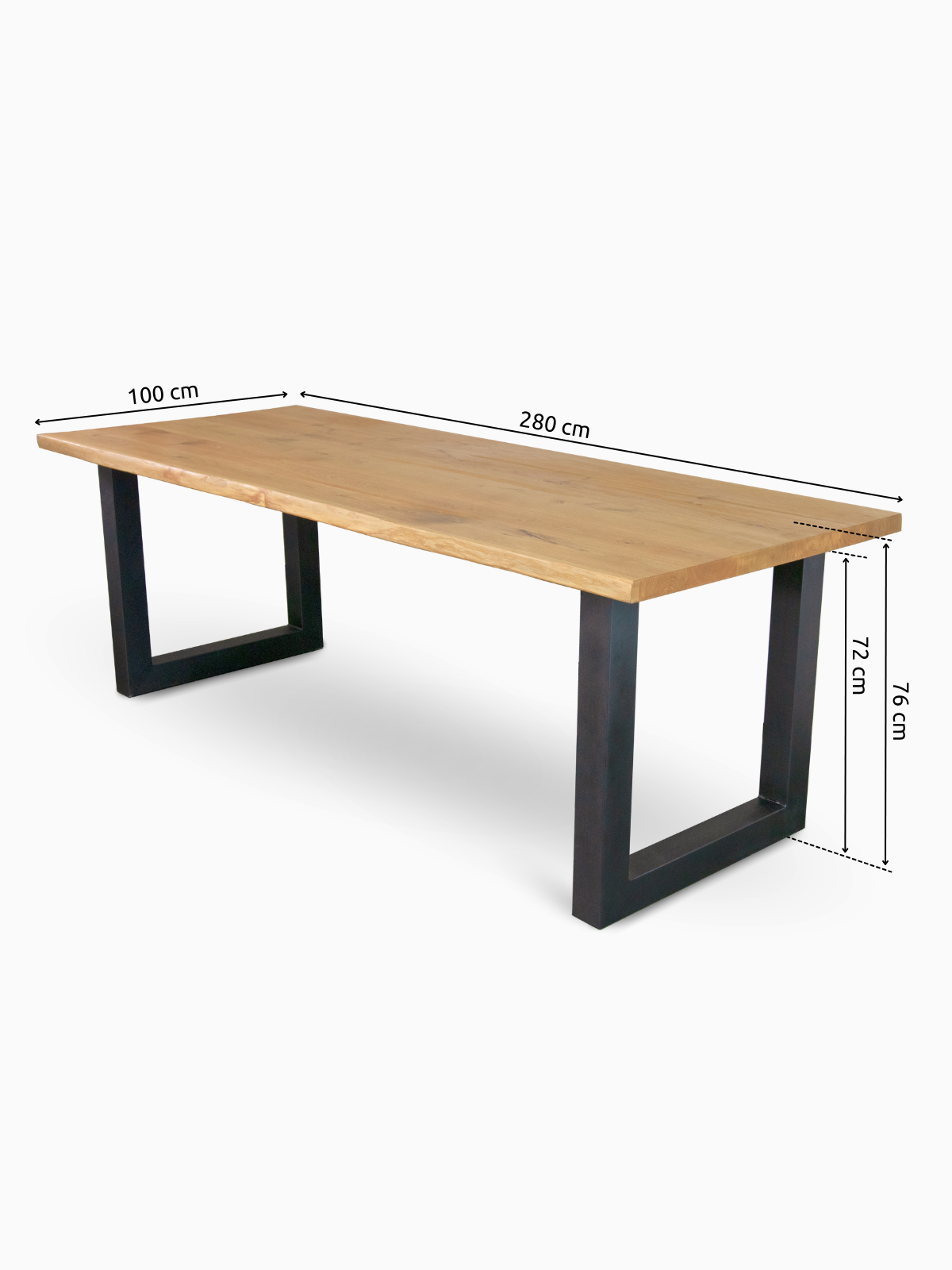 Massivholztisch Eiche mit Baumkante, Tiempo-U-Gestell, Maßangabe 280 x 100 cm, Gestellhöhe 76 cm
