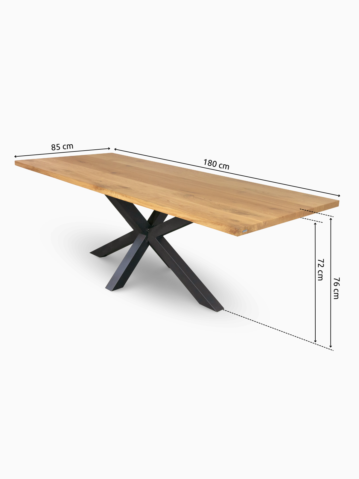 Maßzeichnung des Esstisches aus 40 mm Eiche mit 180 cm Länge, 85 cm Breite und 76 cm Höhe