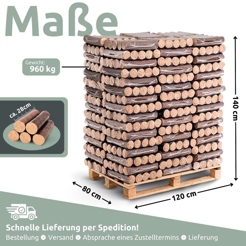 Hartholz-Eichenbriketts / Holzbriketts 960 kg pro Palette