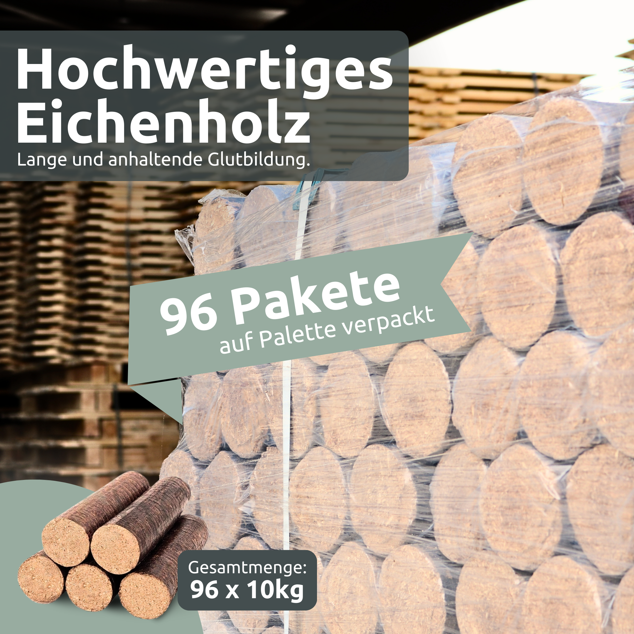 Hartholz-Eichenbriketts / Holzbriketts 960 kg pro Palette