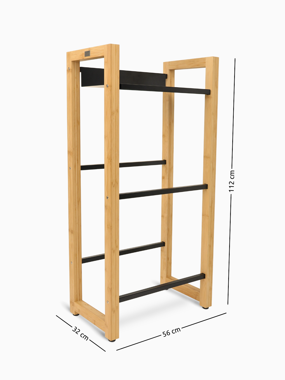 Maßzeichnung des Getränkekistenregals aus Bambus mit 56 cm Breite, 32 cm Tiefe und 112 cm Höhe