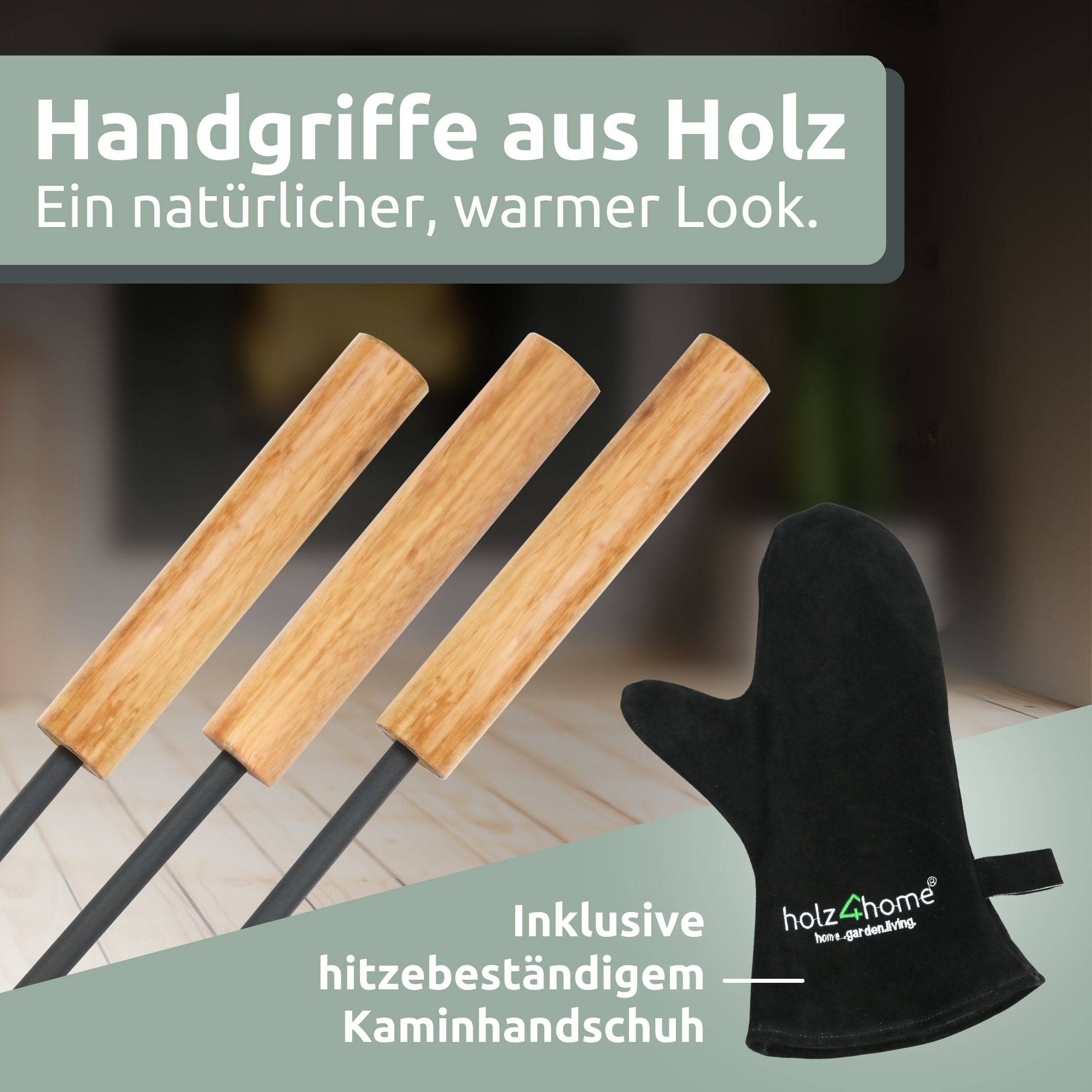 5-tlg. Kaminbesteck Grauschwarz mit Holzgriff inkl. Ofenhandschuh