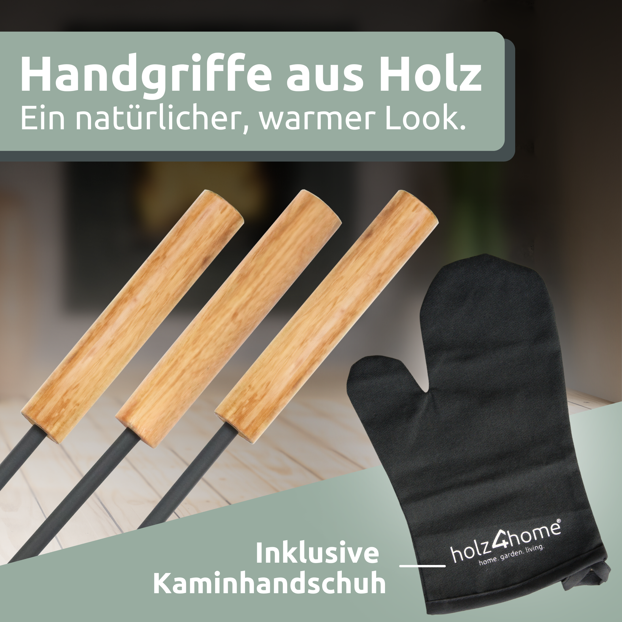 5-tlg. Kaminbesteck Grauschwarz mit Holzgriff inkl. Ofenhandschuh