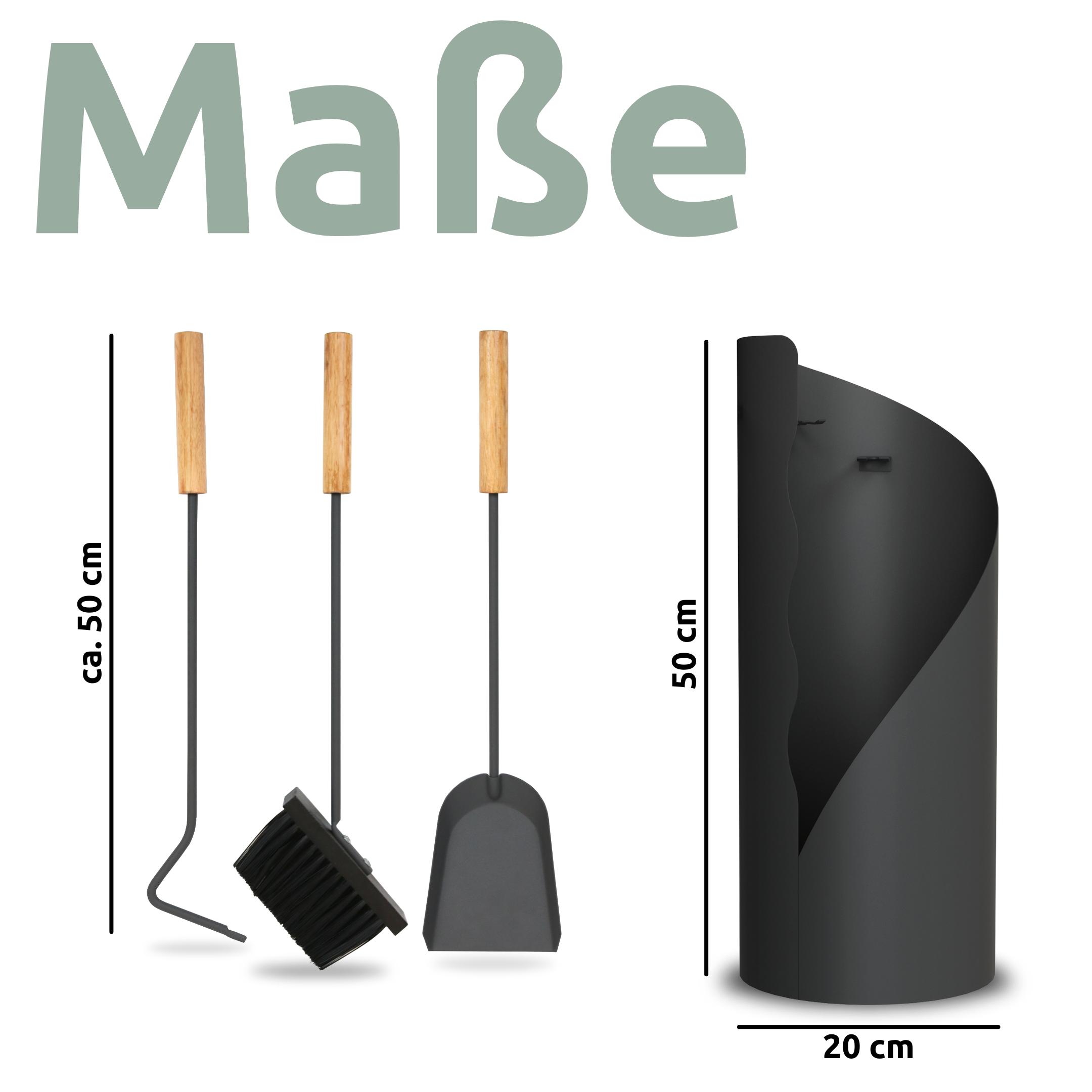 5-tlg. Kaminbesteck Grauschwarz mit Holzgriff inkl. Ofenhandschuh