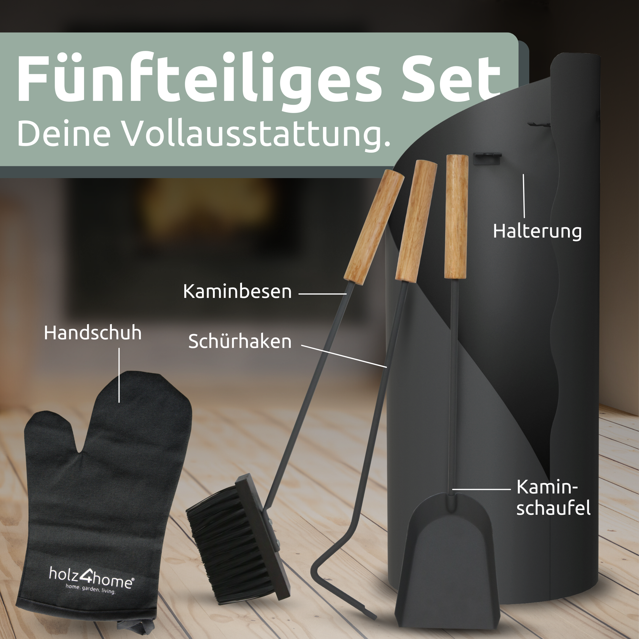 5-tlg. Kaminbesteck Grauschwarz mit Holzgriff inkl. Ofenhandschuh