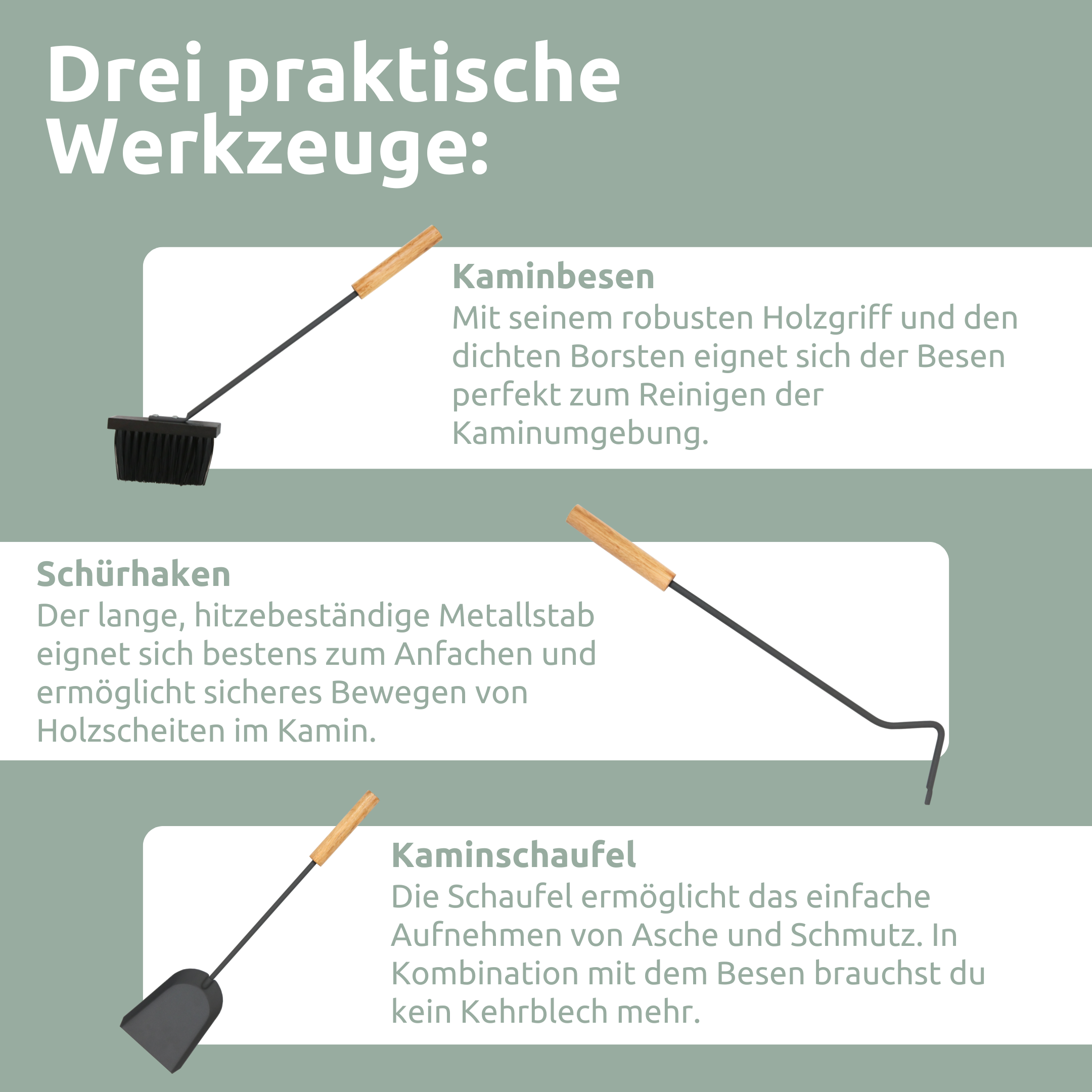 5-tlg. Kaminbesteck Grauschwarz mit Holzgriff inkl. Ofenhandschuh