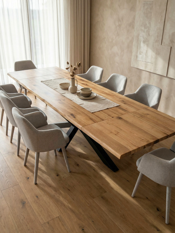 Massivholztisch Eiche mit Baumkante 160x80cm - inkl. Ansteckplatten 260cm