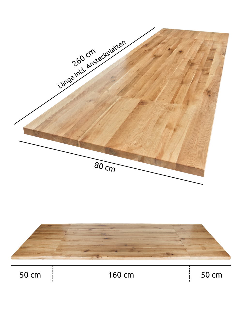 Massivholztisch Eiche gerade Kante 160x80cm - inkl. Ansteckplatten 260cm