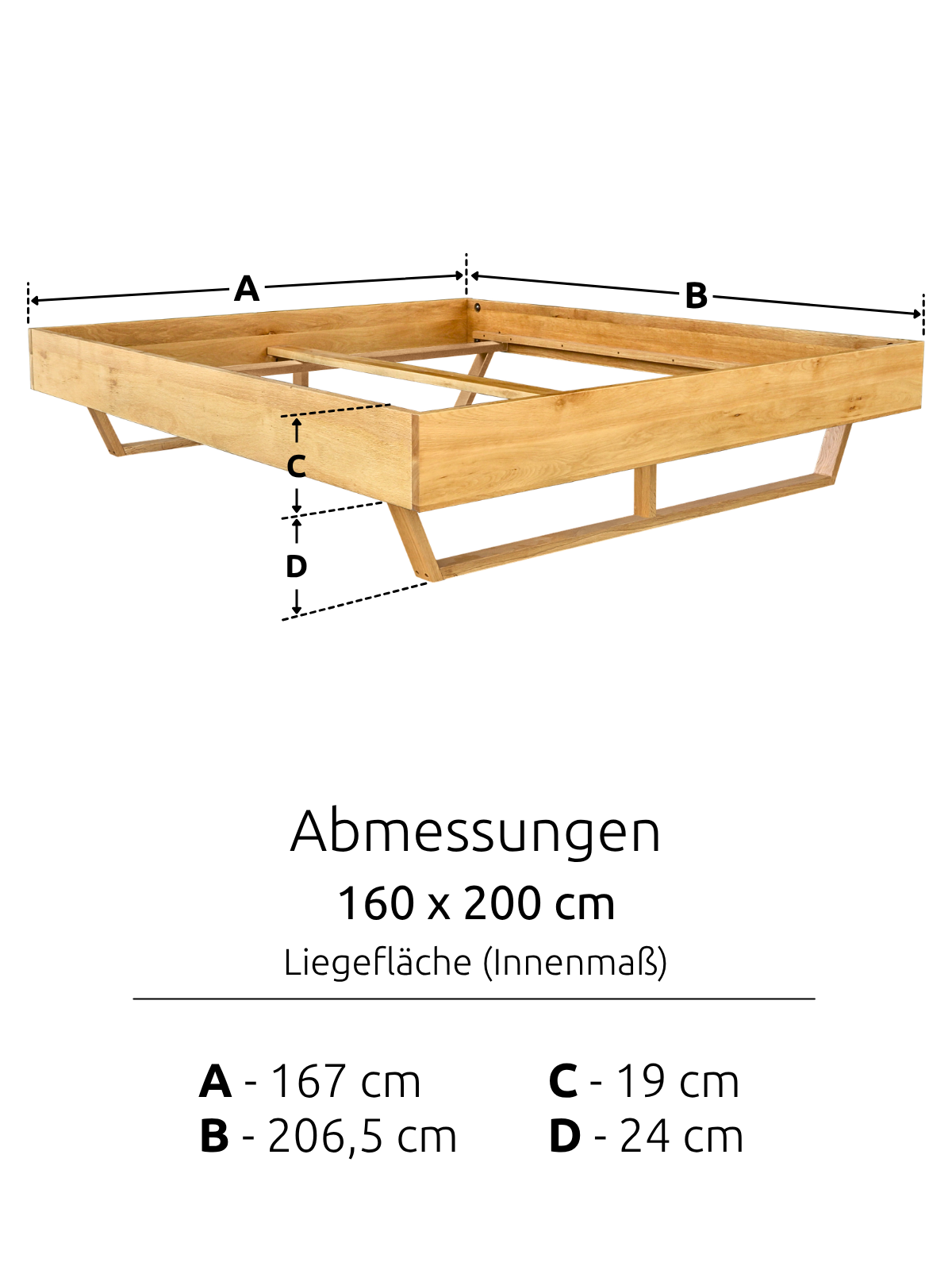 Maßzeichnung des Massivholzbetts Light aus Eiche mit Liegefläche 160 x 200 cm und Rahmen 206,5 x 167 cm