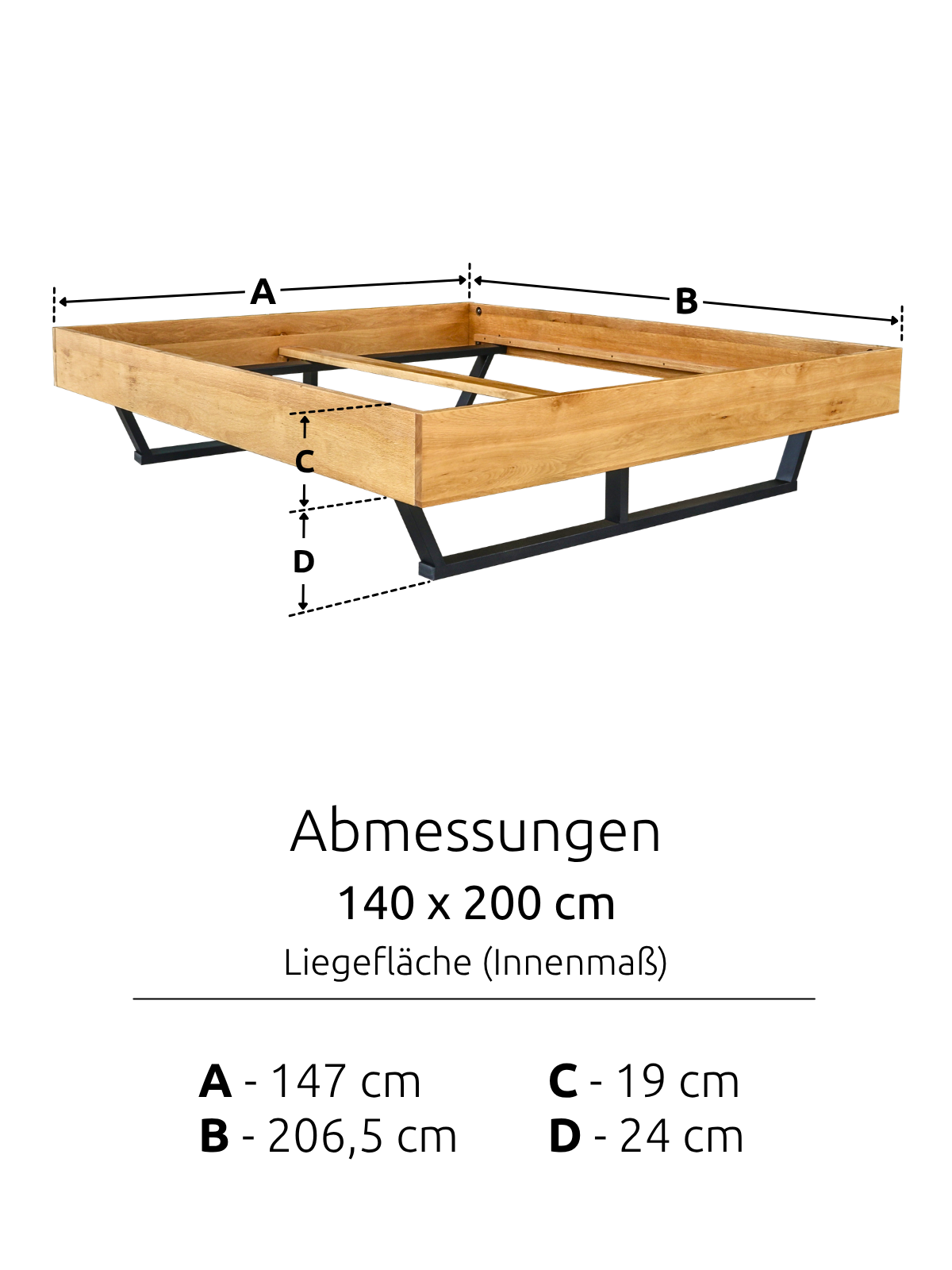 Maßzeichnung des Massivholzbetts Metall Light mit Liegefläche 140 x 200 cm und Rahmen 206,5 x 147 cm