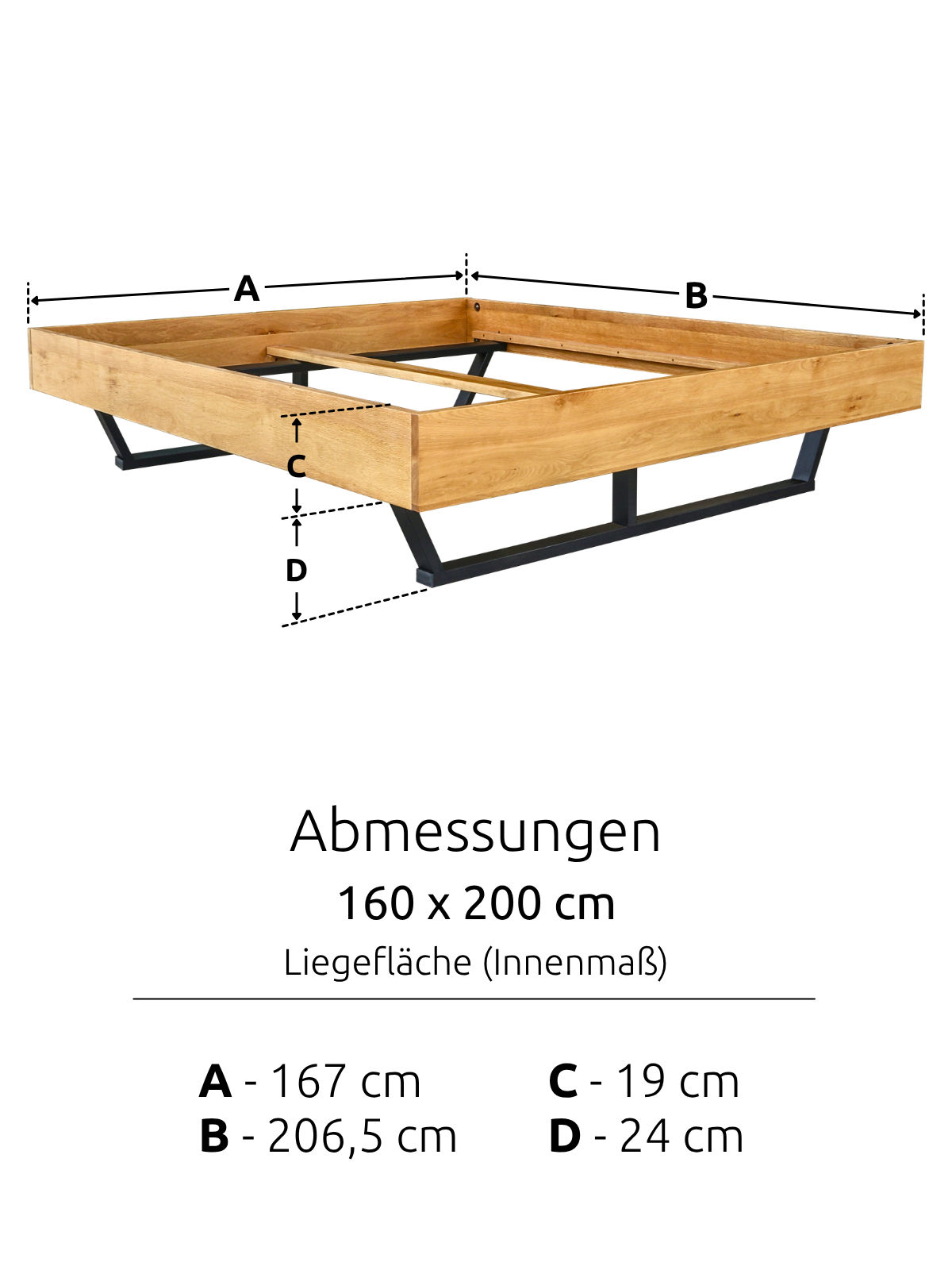 Maßzeichnung des Massivholzbetts Metall Light mit Liegefläche 160 x 200 cm und Rahmen 206,5 x 167 cm