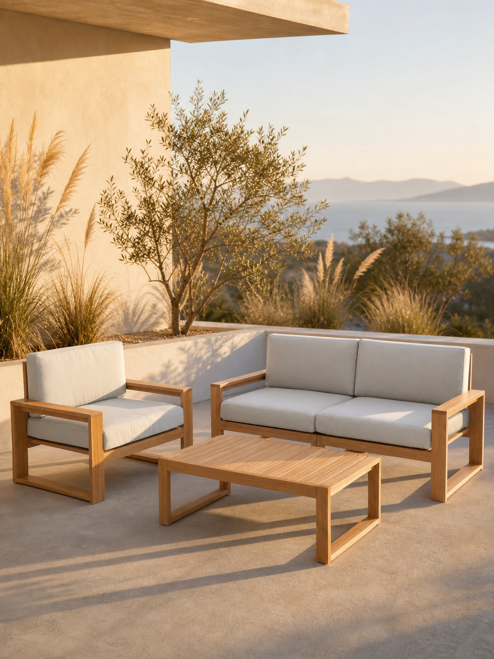 Gartenlounge Eiche 2er Sofa + Sessel + Tisch - Weiß