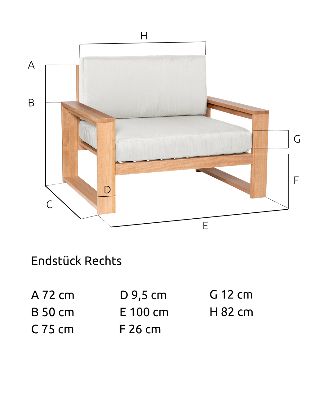 Maßzeichnung des Gartenlounge-Sessels aus Eiche mit 100 cm Breite, 75 cm Tiefe und 72 cm Höhe