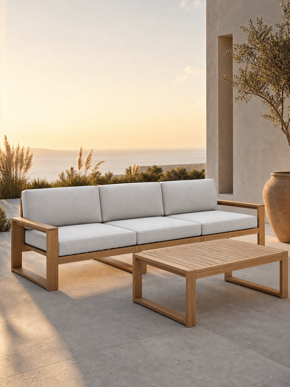 Gartenlounge Eiche 3er Sofa + Tisch - Weiß