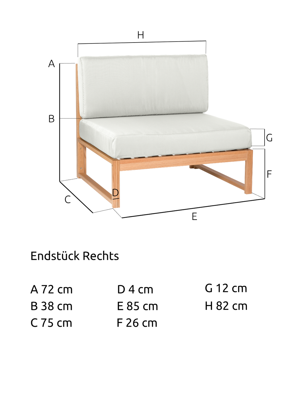 Maßzeichnung des Gartenlounge-Mittelstücks aus Eiche mit 85 cm Breite, 75 cm Tiefe und 72 cm Höhe