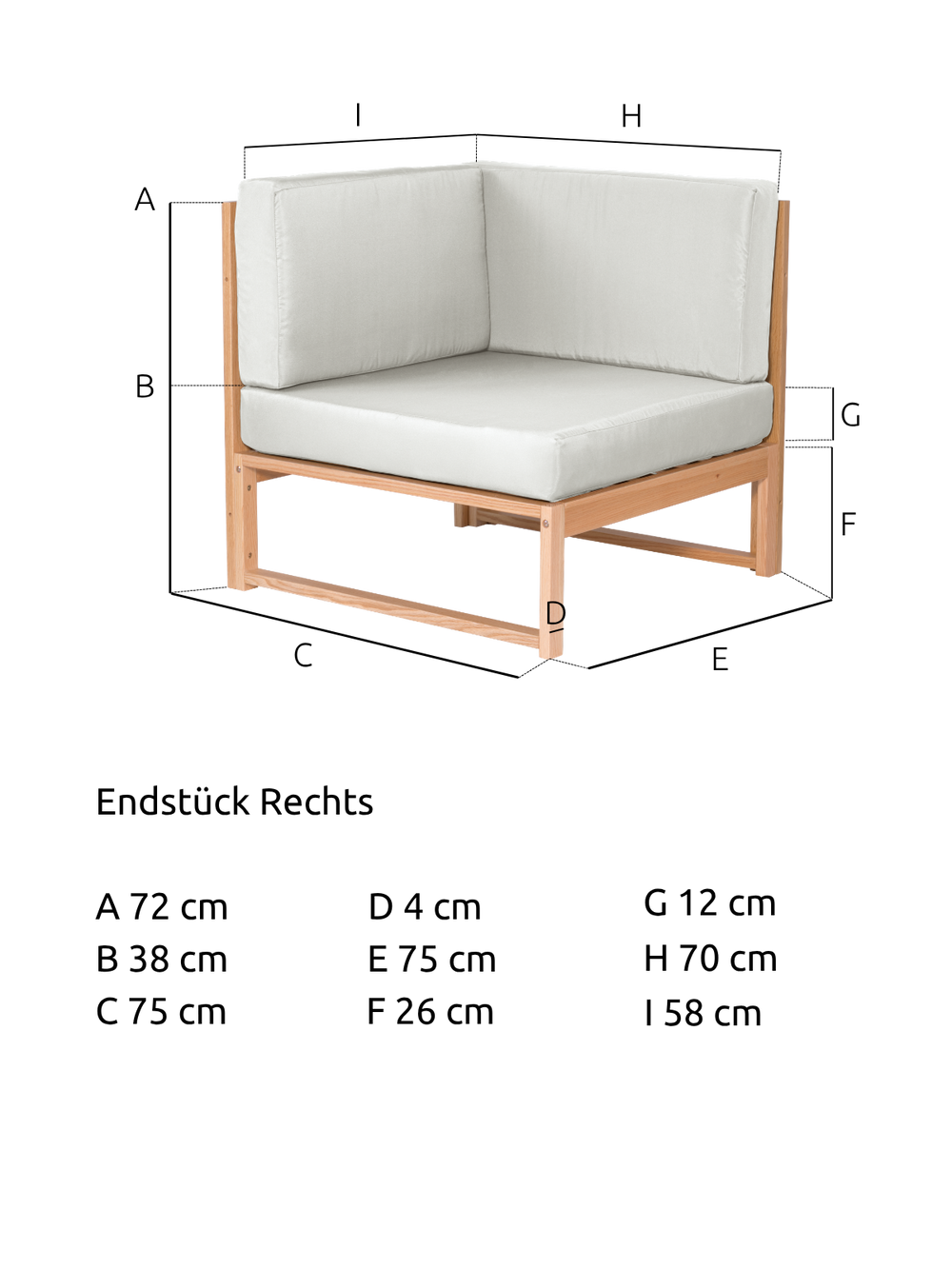 Maßzeichnung des Gartenlounge-Eckstücks aus Eiche mit 75 cm Breite, 58 cm Tiefe und 72 cm Höhe