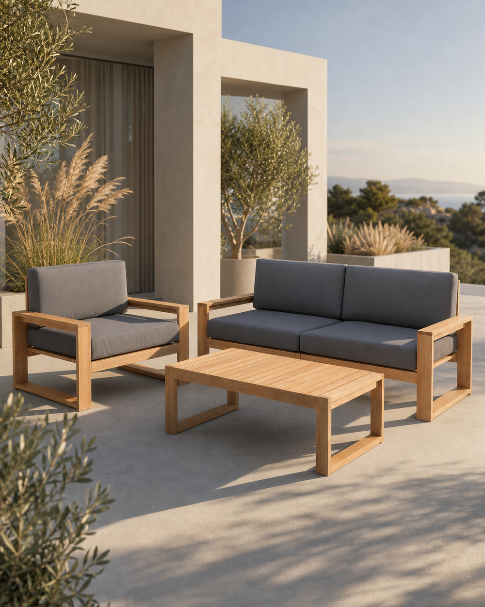 Gartenlounge Eiche 2er Sofa + Sessel + Tisch - Anthrazit