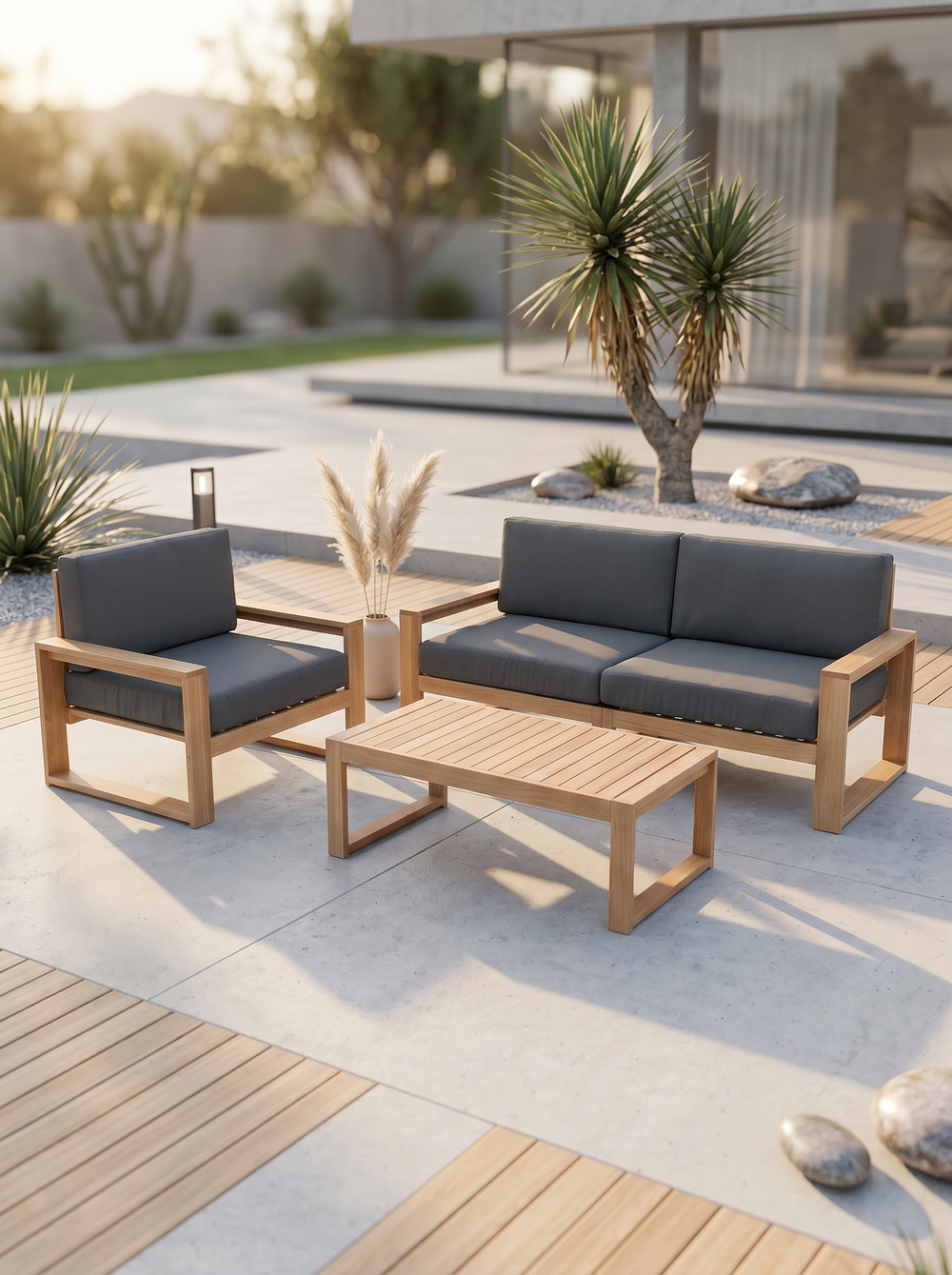 Gartenlounge Eiche 2er Sofa + Sessel + Tisch - Anthrazit