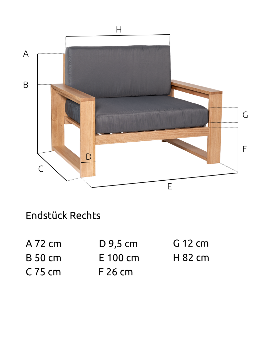 Maßzeichnung des Gartenlounge-Sessels aus Eiche mit 100 cm Breite, 75 cm Tiefe und 72 cm Höhe