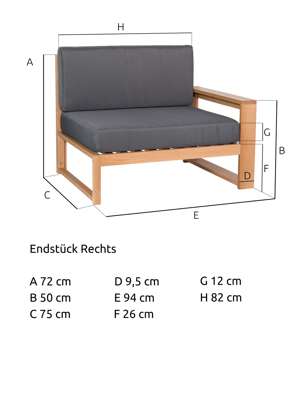 Maßzeichnung des Gartenlounge-Endstücks aus Eiche mit 94 cm Breite, 75 cm Tiefe und 72 cm Höhe