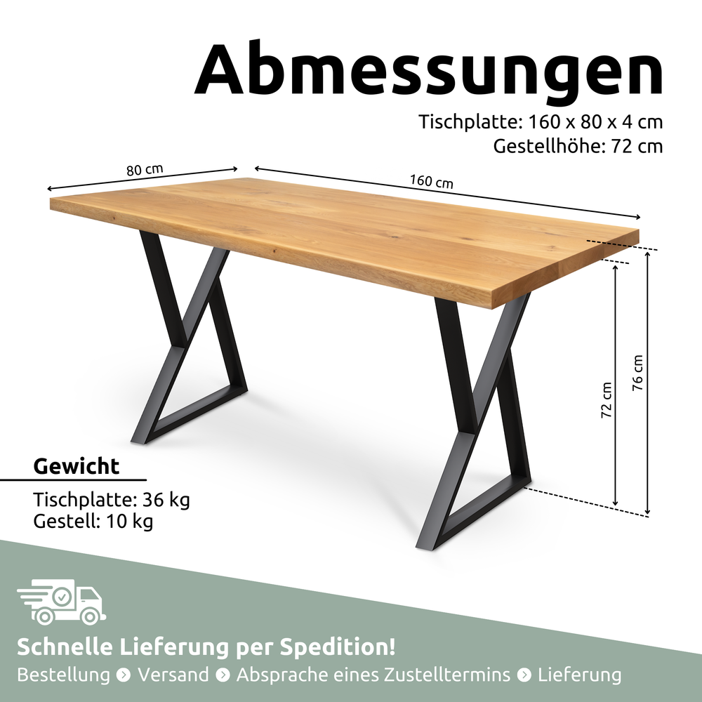 Kleiner Massivholztisch ohne Baumkante 160cm  x 80cm Doppel-Dreieck Gestell