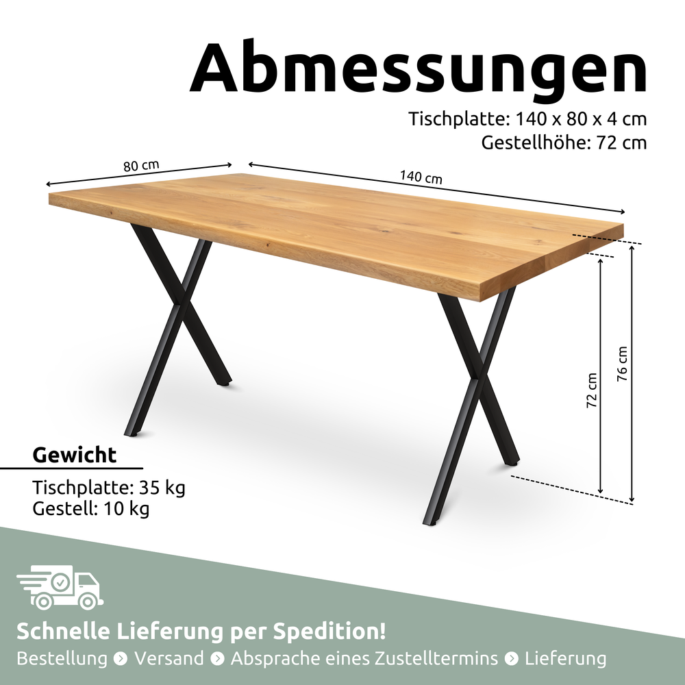Kleiner Massivholztisch ohne Baumkante 140cm  x 80cm X-Struktur Gestell